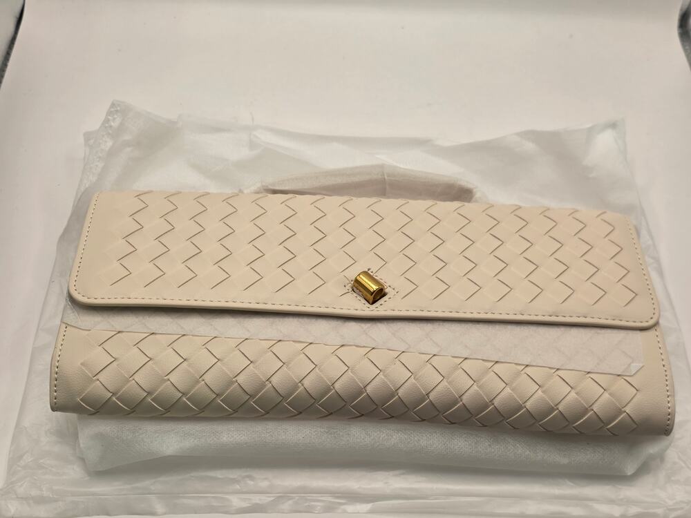 Women Woven Vegan Leather Clutch Shoulder Bag Off White